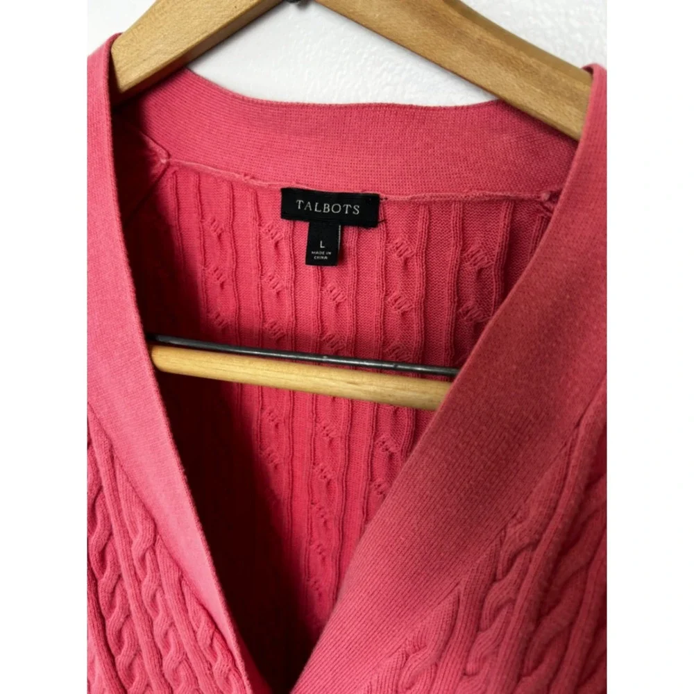 Talbots Womens Coral Pink Cable Knit‎ Cotton V-Neck Button Front Cardigan Size L